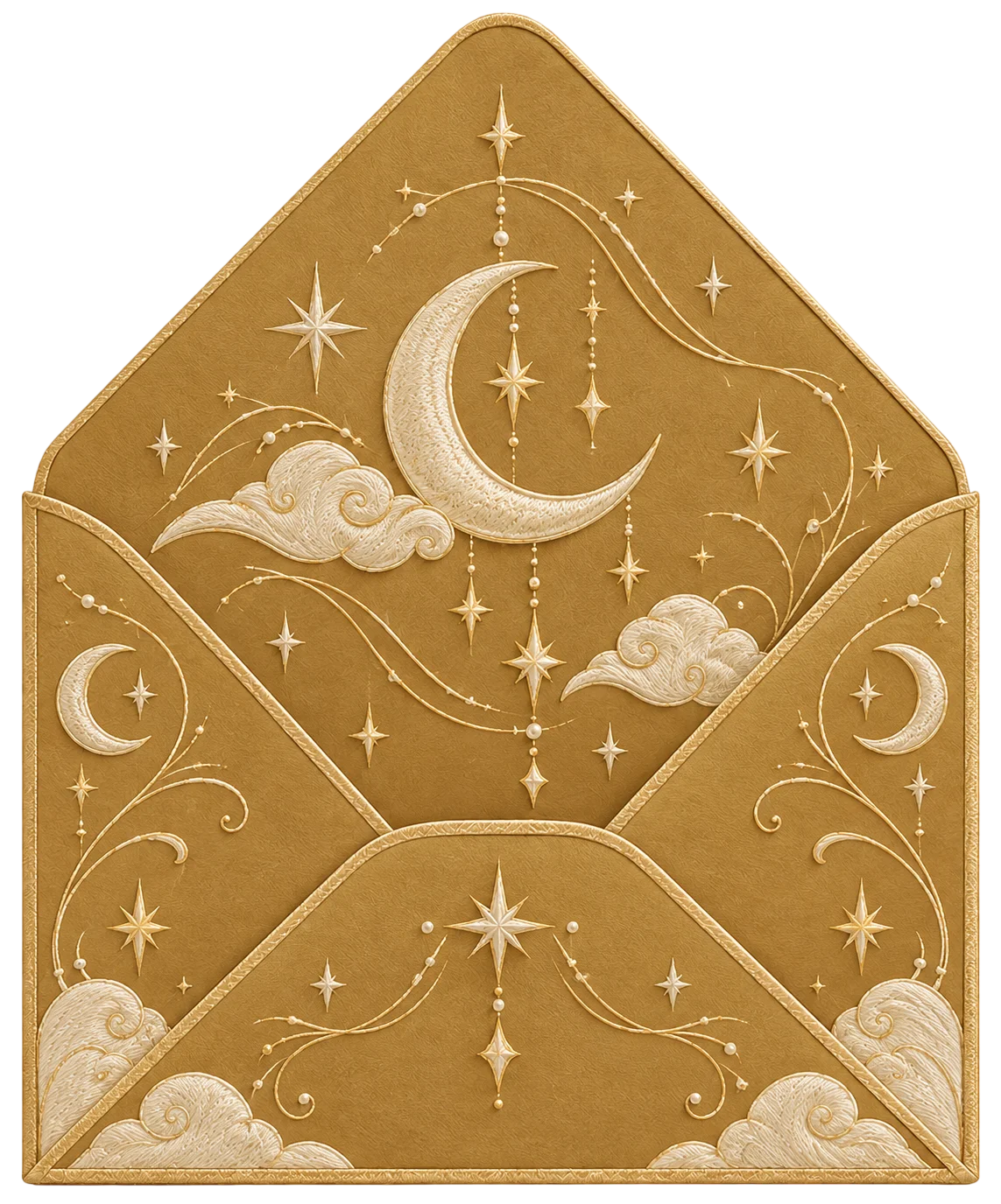 Sobre de lujo bordado con lunas y estrellas